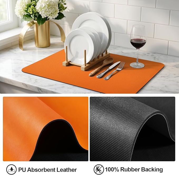 Ecotrim - Dish Drying Mat for Kitchen Counter | Coffee Bar Mat for Countertops | Heat Resistant Drainer Mat with Non-slip Rubber Backed | Hide Stain Kitchen Absorbent Draining Mat | Orange 16"x18"