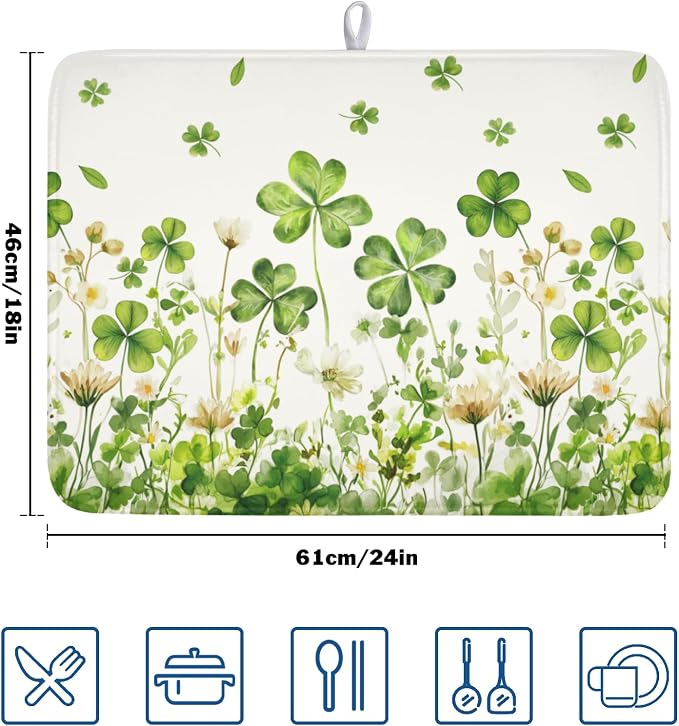 St Patrick's Day Green Clover Dish Drying Mat 18x24 Inch | Shamrock，Polyester，Absorbent Microfiber，for Kitchen Coffee Dining Bar Decor