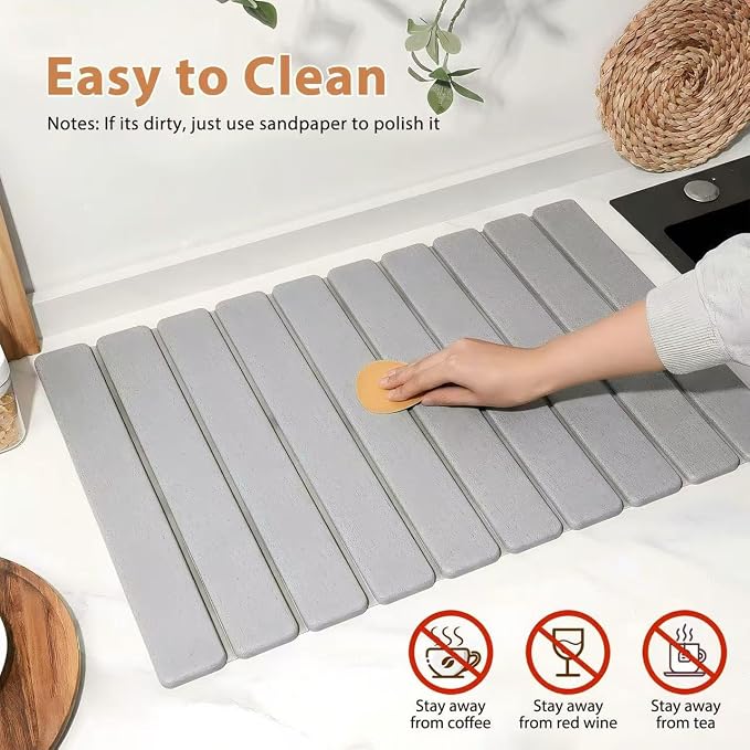 2 PCS Large Stone Dish Drying Mat for Kitchen Counter with Water Absorbing Sink Tray,24x16 Inch Foldable Diatomaceous Earth Dish Mat & 8x4 Inch Stone Coasters Tray,Super Absorbent Quick Dry