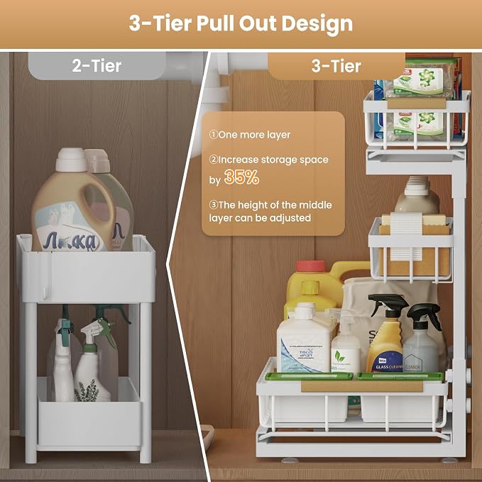 Under Sink Organizer and Storage for Bathroom and Kitchen - 2 Pack 3 Tier Under Cabinet Pull Out Shelf Organizers - Slide Out Drawer Organization for Home Cabinets Shelves and Drawers