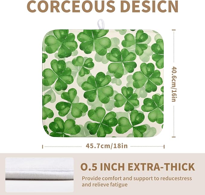 Green Clover Shamrock Dish Drying Mats for Kitchen Counter 16x18 In Happy St. Patrick's Day Lucky Clovers Dish Drainer Mats Spring Sage Leaf Microfiber Drying Pad Dish Dryer Mat for Coffee Bar