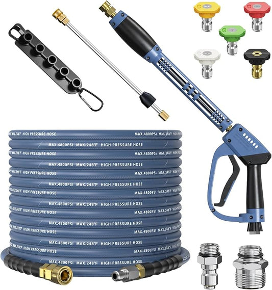 Pressure Washer Gun and Hose Kit, 4800PSI Flexible & Kink-Resistant - Steel Braided & Durable High Power Washer Hose 50 FT with 3/8" Swivel Quick Connector and M22 14mm Adapters & 5 Nozzles