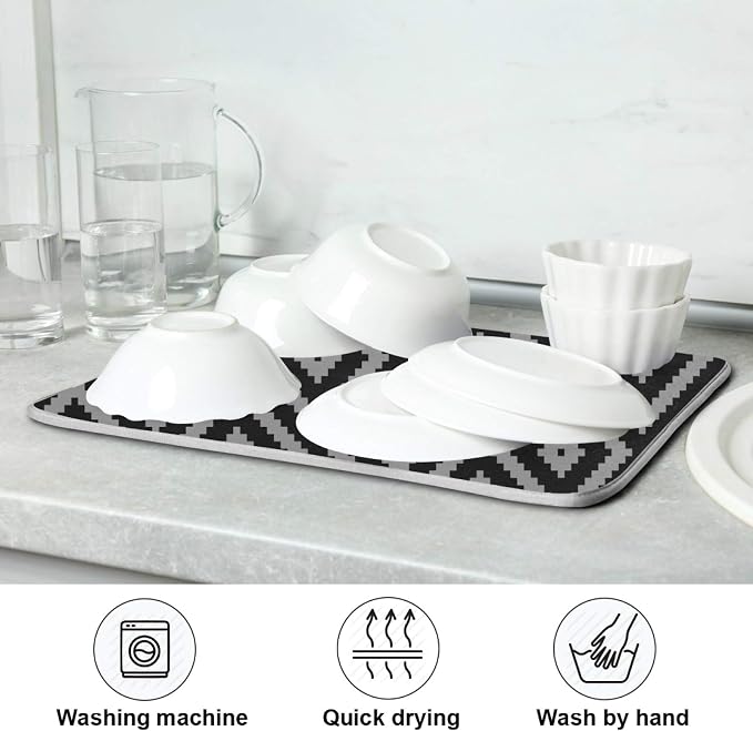 Super Absorbent Dish Drying Mat, Microfiber Fast-Drying Dish Mat, 16" x 18, Kitchen Dish Drying Pad, Black Moroccan Rhombus Plaid