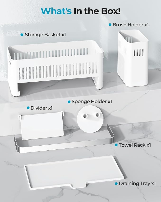 Nieifi Sponge Holder – White ABS Rust Sink Caddy with Towel Rack, 10.12" | Smiley sponge & brush holders with drainage to keep items dry. 4.5-inch depth. Kitchen counter organizer & essential storage.