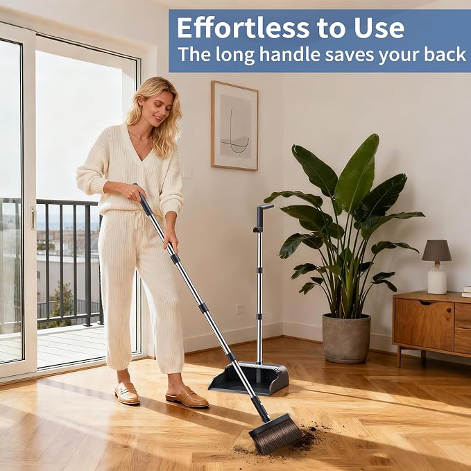 Broom with Dustpan Combo Set, Broom and Dustpan Set with 51.6" Long Handle & Two Broom Heads, Brooms with Dust Pan Teeth for Pet Hair, Indoor&Outdoor Sweeping, Home, Kitchen, Office