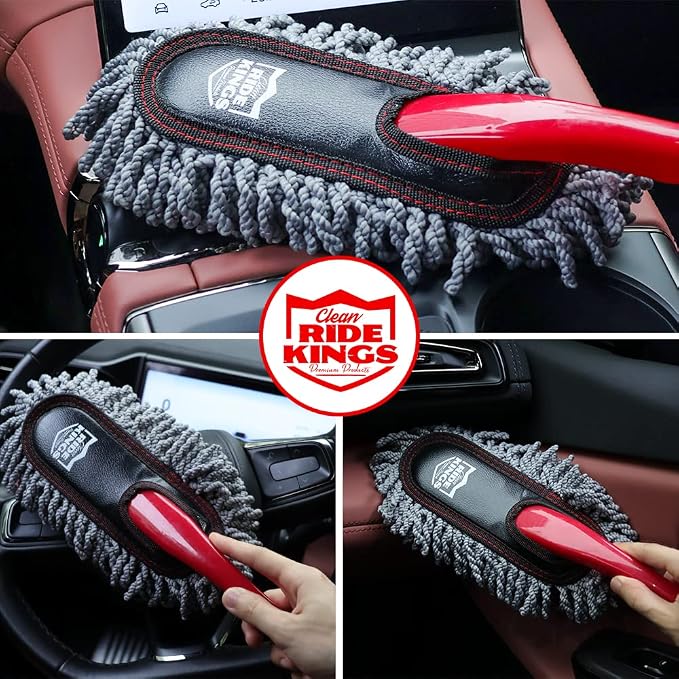 Exterior Car Duster & Brush Kit - Loop End, Red Brush | Telescoping wax cotton auto mop traps pollen scratch-free. Combo with inside detailing tools & bag. Ideal gift for SUV, RV.