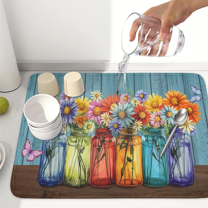 Vintage Floral Dish Drying Mat for Kitchen Counter Rustic Flower Vases Wooden Board Microfiber Dish Drainer Mat Spring Summer Absorbent Washable Drying Pad Extra Large 18"x24"