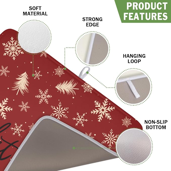 Christmas Snowflake Dish Drying Mat for Kitchen Counter 16x18 Inch | Red Xmas Theme Snowflakes Trees Snowy Dish Drainer Mat Rustic Winter Holiday Absorbent Washable Drying Pad