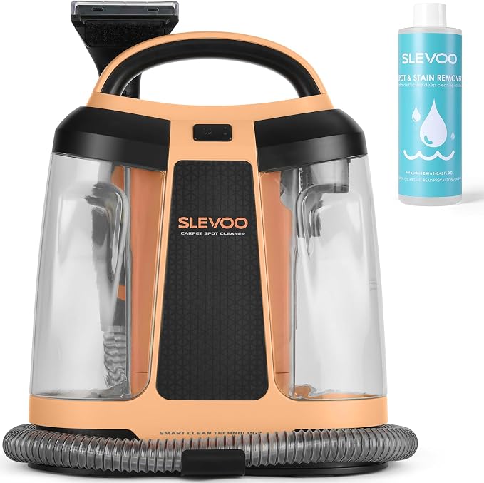 Slevoo 450W Portable Carpet Cleaner Machine with 1 Bottle Cleaning Solutions, Strong Suction Upholstery and Furniture Cleaner for Cleaning Stairs, Car Interiors, for Pet Footprint, Dust, Oil (Orange)