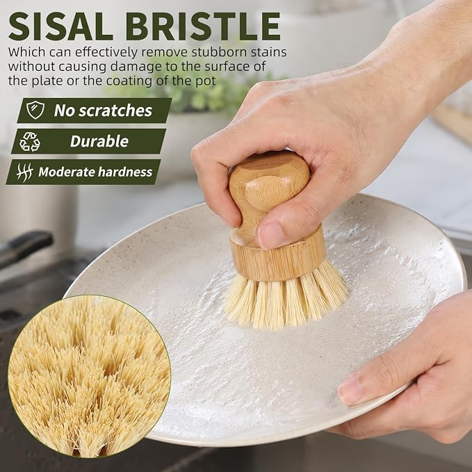 Bamboo Dish Brush Set - 3 Pcs Natural Scrub Brush with Holder, Wooden Dish Scrubber with Sisal Bristle for Cleaning Dishes, Pans and Vegetables