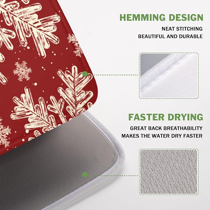 Red Christmas Dish Drying Mat for Kitchen Counter 16x18 Inch | Christmas Snowflake Dish Drainer Mat Rustic Farmhouse Xmas Holiday Absorbent Washable Drying Pad