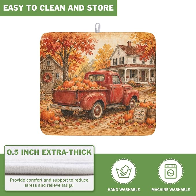 Fall Pumpkin Dish Drying Mat for Kitchen Counter Thanksgiving Autumn Harvest Pattern Microfiber Dish Drainer Mat Vintage Rustic Farmhouse Absorbent Washable Drying Pad 16"x18"
