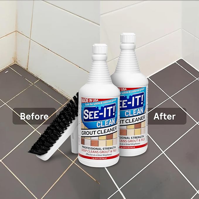 SEE-IT! Grout & Tile Deep Cleaner Brightener & Heavy-Duty Stain Remover Acid-Free Safe for Ceramic, Porcelain, Marble, Stone - Two 32 fl. oz. Bottles with Floor Cleaning Brush