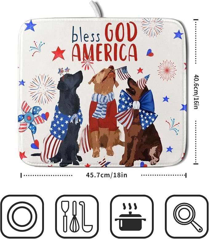 Giwawa 4th of July Patriotic Dogs Dish Drying Mat American Independence Day Dish Dry Pad 16"x18" Absorbent Dishes Drainer Mat for Kitchen Counter