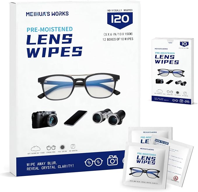 120 Count Lens Wipes for Eyeglasses, Eye Glasses Cleaner Wipes for Screens | Pre-Moistened Individually Wrapped, Streak-Free Scratch-Free, Travel, Eyeglass Cleaning Wipes for Sunglasses, Camera Lens