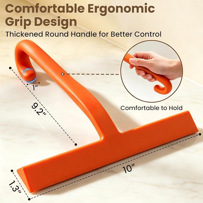 10 Inch Silicone Shower Squeegee for Glass Doors, Streak-Free, Orange | No-Squeak Silicone Blade, Ergonomic Round Grip and Built-In Hook for Quick Daily Cleaning of Shower Glass, Tile and Windows