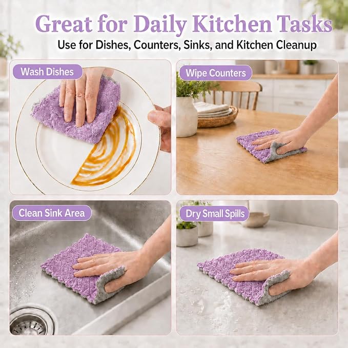 kimteny 12 Pack Dish Cloths for Washing Dishes, Super Absorbent Microfiber Kitchen Dish Rags, Fast Drying Coral Velvet Dish Cloths for Kitchen Counter and Dishes (Purple-Grey)