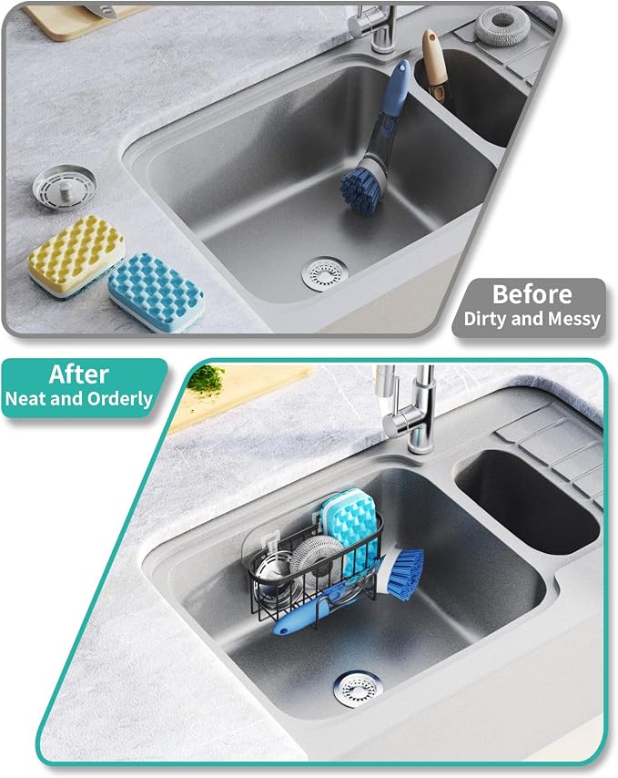 HapiRm Kitchen Sponge Holder for Sink - 2 Installation Methods Kitchen Sink Caddy Organizer with Unique M-Shaped, Rustproof Stainless Steel Sponge Caddy - Black（Large）