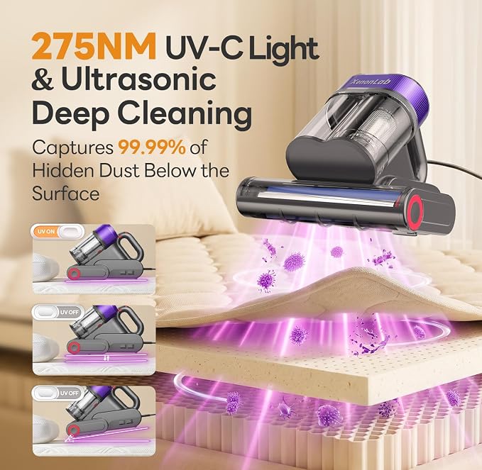 Mattress Vacuum Cleaner, 18000Pa Bed Vacuum Cleaner, 275nm UV-C Light & Ultrasonic 140°F Heat with High-Speed Deep Tapping, Versatile Handheld Vacuum for Bed, Sofa, Couch, Crib（Corded）
