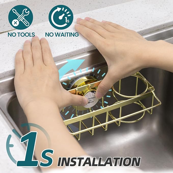 TAILI 4-in-1 Sink Caddy with Strong Suction Cup, Sponge Holder for Kitchen Sink Organizer, Removable, Rustproof, Stainless Steel Holder for Sponge, Brush, Scrubber, Scraper - Gold