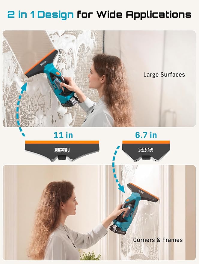 SEESII Cordless Window Vacuum Squeegee Streak-Free for Mirrors Glass Tiles | 11" and 6.7" Squeegees, 2000Pa, 60Mins, 2000mAh Battery,150ml Water Tank