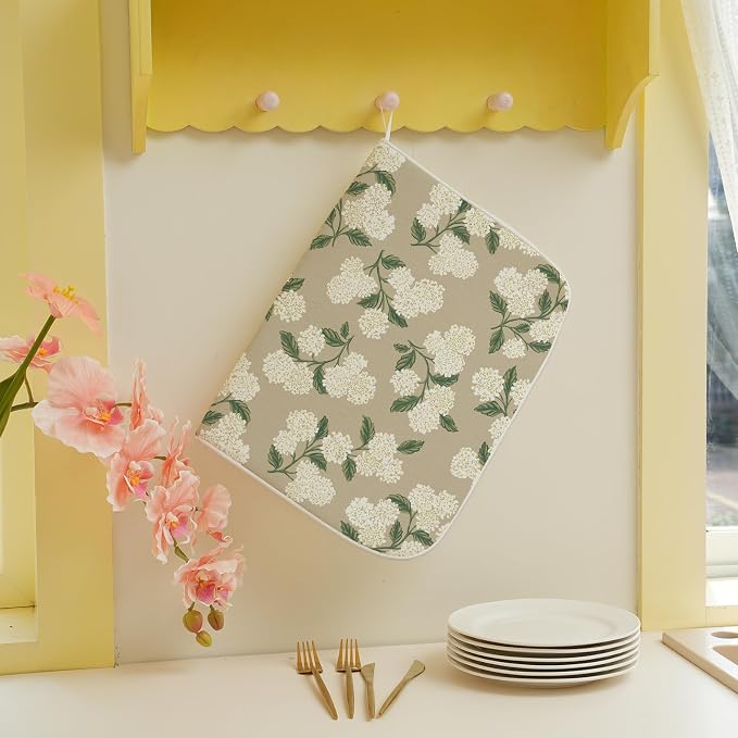 Beige Dish Drying Mat 18x24 Inch Khaki Green Vintage Floral Hydrangea Flower Drying Mat Spring Summer Seasonal Absorbent Dish Drying Pad Dish Rack Drainer Mats for Kitchen Dining Counter
