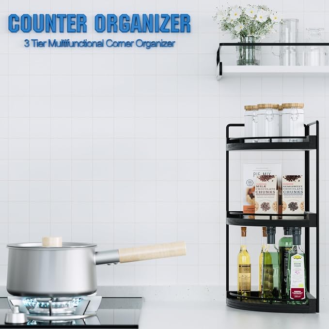Corner Bathroom Counter Organizer, 3 Tier Bathroom Sink Shelf Countertop, Wood Vanity Skincare Storage for Toiletries Decor, Makeup, Dresser(Black)