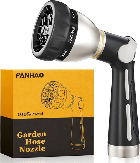 FANHAO Metal Thumb Control Garden Hose Nozzle Heavy Duty, 8 Spray Patterns | Rustproof Zinc Alloy, Non-Slip Ergonomic Grip, Leakproof High Pressure Water Nozzle Sprayer for Garden, Patio, Car & Pet