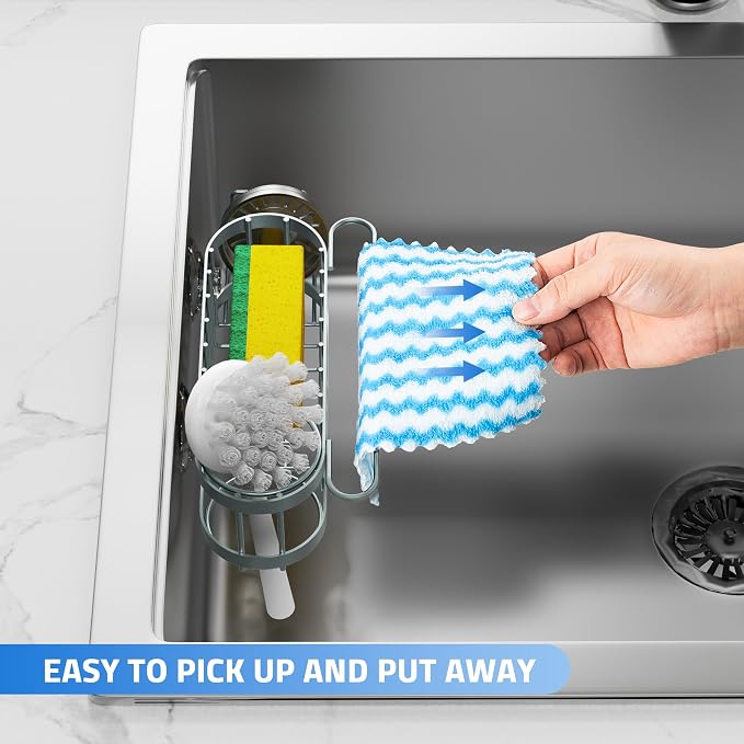 Cisily Kitchen Sink Caddy Sponge Holder in The Sink, Stainless Steel Kitchen Sink Organizer, Brush Holder, Dish Cloth Hanger, Sink Stopper Holder (Suction cup-Sage Green)