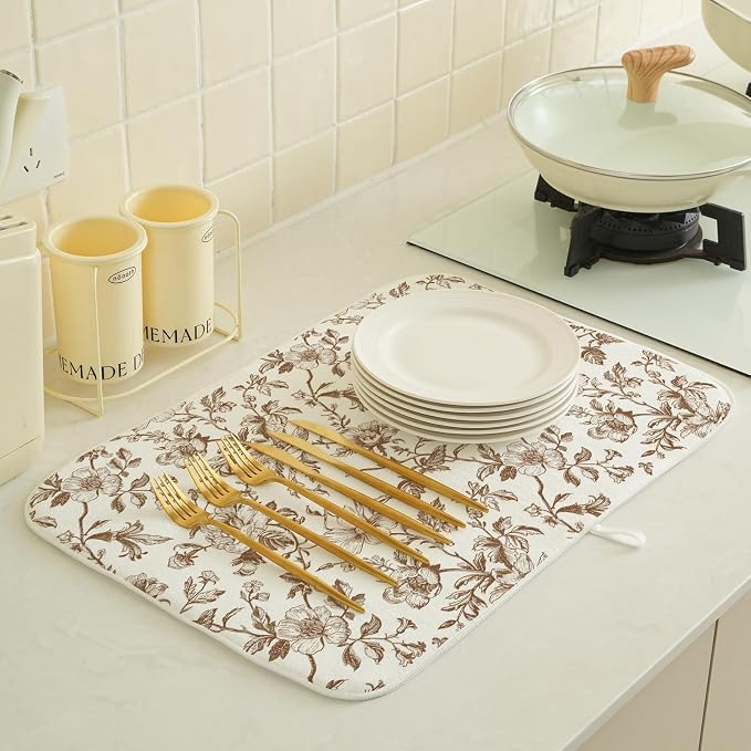 Brown Floral Dish Drying Mat 18x24 Inch Vintage Fall Brown Floral Drying Mat for Kitchen Counter Absorbent Autumn Flowers Dishes Dry Pad for Drainer Rack Kitchen Fast Dry