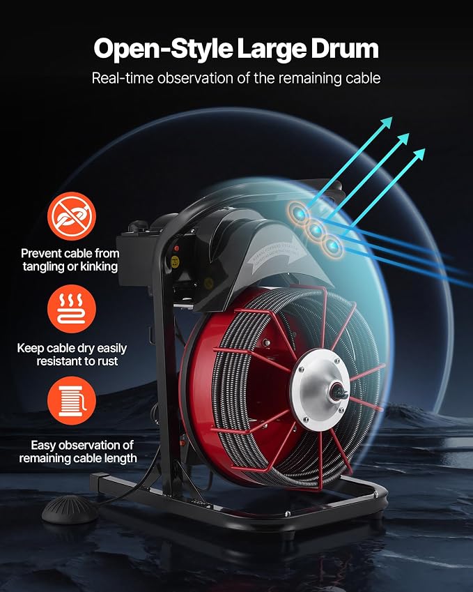 VEVOR Drain Cleaner Machine 75 FT x 1/2 Inch Sewer Snake Auger Manual Feed | Efficient Clog Clearing for 2" to 6" Pipes, Solid Core Steel Cable, with 4 Cutters & Air-activated Foot Switch