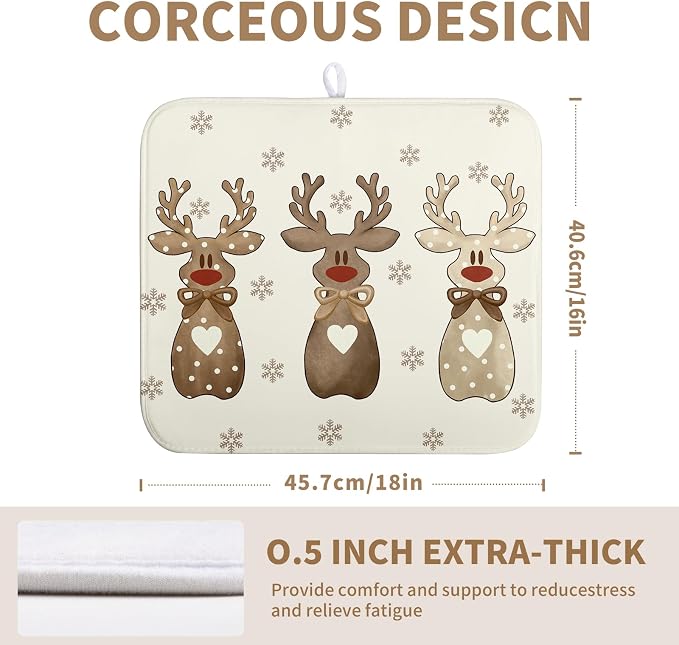 Christmas Reindeer Snowflakes Dish Drying Mat for Kitchen Counter 16x18 Inch Winter Xmas Holiday Drying Pads Microfiber Absorbent Dish Draining Mat Large Dish Drainer Rack Mat
