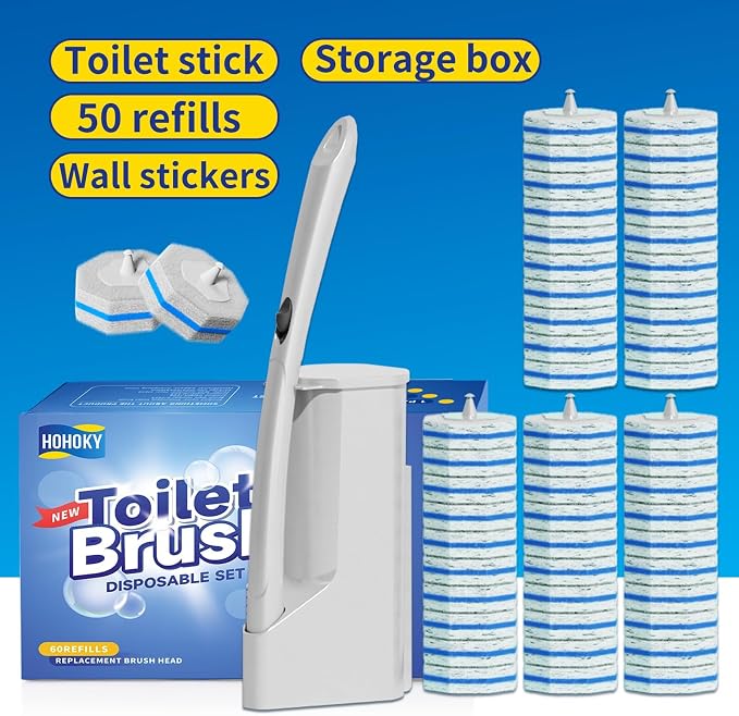 Disposable Toilet Brush Cleaning System with 50pcs Refills Pads Replacement Heads, Toilet Cleaning Stick, Wall Mounted Wand Kit Bathroom Maintenance, Toilet Bowl Cleaner Brush Holder and Set
