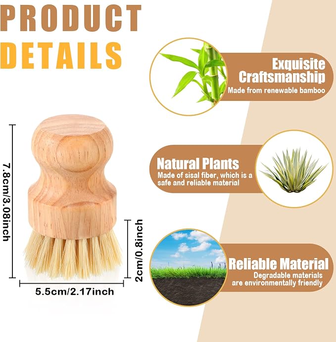 Nuenen 6 Packs Bamboo Dish Scrub Brushes Wooden Scrubbers Set Kitchen Dishwashing Scrubber with Natural Sisal Bristles for Iron Pot Pan Sink(Sisal)