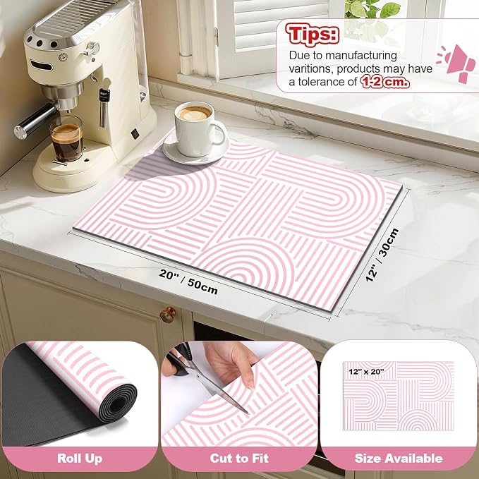 Findosom Dish Drying Mat, 12" x 20" Super Absorbent Dish Mat with Modern Geometric Striped, Hide Stain Drying Mat for Kitchen Counter, Under Dish Rack, Coffee Maker, Espresso Machine, Pink & White
