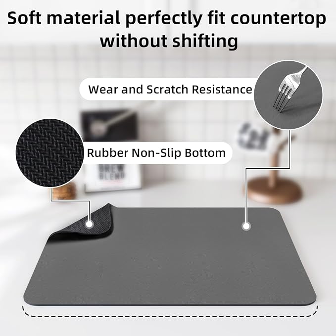 LOPNUR Kitchen Dish Drying Mat, 18"x16" Small Dish Drying Mats for Kitchen Counter, Diatomite Coffee Mat, Super Absorbent Dish Drying Pad, Heat Resistant Mat with Anti-slip Rubber Backed, Grey