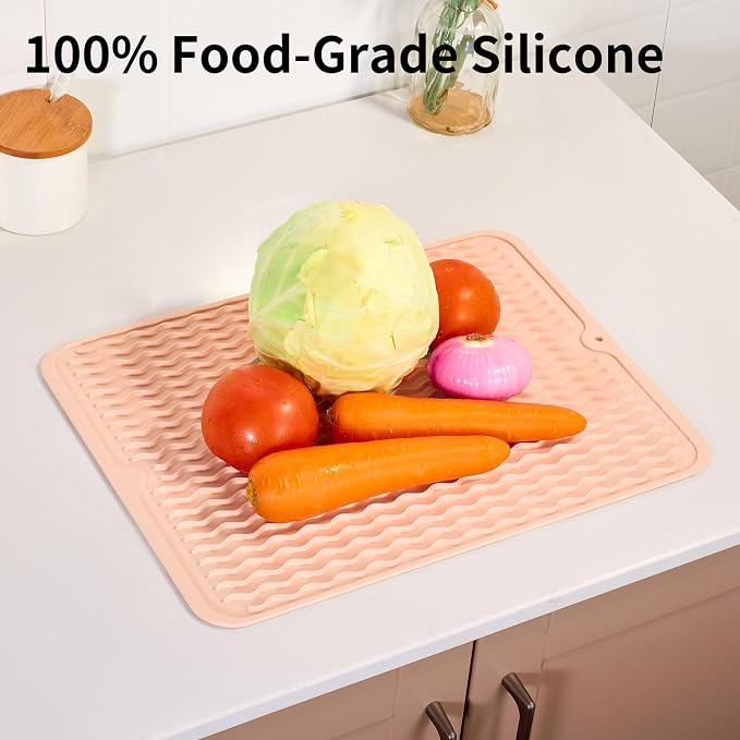 ZLR Silicone Dish Drying Mat for Kitchen Counter (12" x 16" / 307 x 405mm) - Large Fast-Dry Drainer Mat with Raised Wavy Ridges & 5mm Lip - Non-Slip, Heat Resistant 450°F, BPA-Free (Peach Pink)