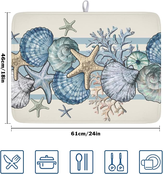 Nautical Coastal Dish Drying Mat for Kitchen Counter Summer Beach Seashell Starfish Microfiber Dish Drainer Mat Ocean Blue Pattern Absorbent Washable Drying Pad Extra Large 18"x24"
