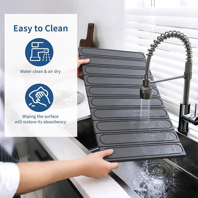Hopegiver Stone Drying Mat for Kitchen Counter, 24" x 16" Quick Dry Diatomaceous Earth Dish Drying Mat, Super Absorbent, Non-Slip & Foldable, Modern Gray Carve Countertop Mat (GrayCarve,24''x16'')