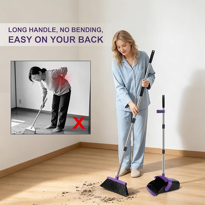 Broom and Dustpan Set 2 Pack, Upright Stand Up Broom and Dustpan Combo with Long Handles, Self-Cleaning Dustpan Teeth, Indoor Outdoor Sweeping Set for Home, Kitchen, Garage Pet Areas Purple