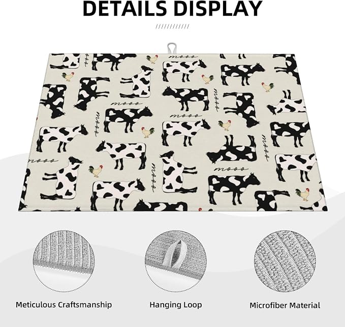 Cute Farm Cows Dish Drying Mat For Kitchen Counter, Super Absorbent Microfiber Dish Drying Pad, Kitchen Gadgets For Easy Clean Multi-Use Large 18"x24"