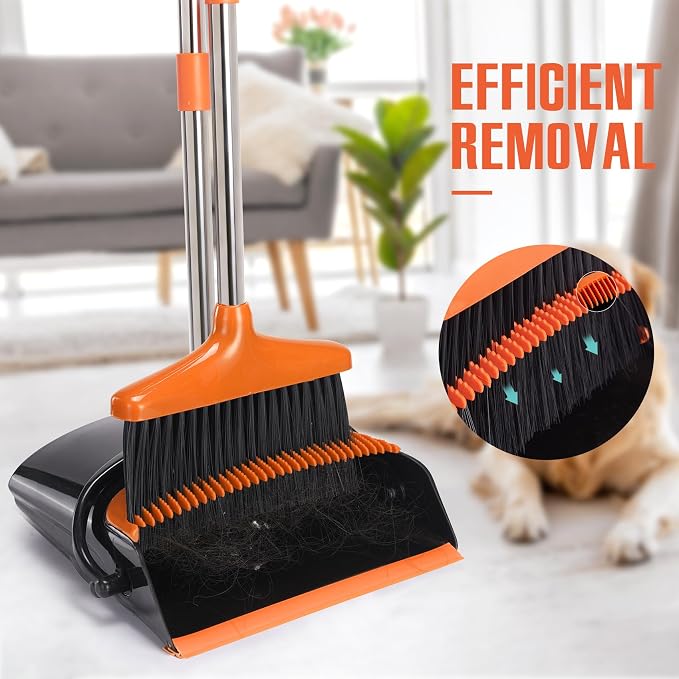 Broom and Dustpan Set,54.72" Long Handle,Standing Dustpan,1-Pack | Light Weight Stainless Steel Poles,Upright Dustpan with Broom Combo,for Home Kitchen Office Pet Dog Hair,Black & Orange