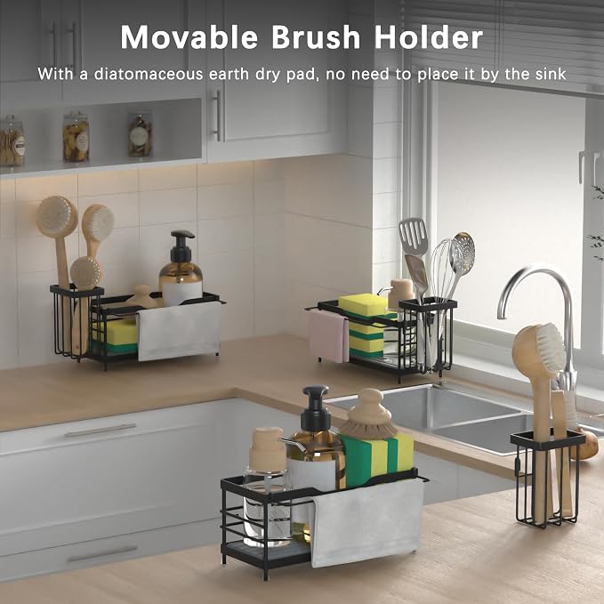 Sponge Holder for Kitchen Sink,Sink Caddy Organizer With Stone Drying Tray, Stainless Steel Kitchen Countertop Organizer for Sponge Soap Dispenser Black