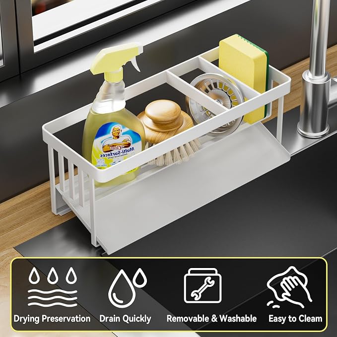 Kitchen Sink Caddy Organzier with Sponge Holder and Removable Drip Tray for Kitchen Sink, 304 Stainless Steel Organize for Sponge Soap Dish Brush Storage Accessories(White)