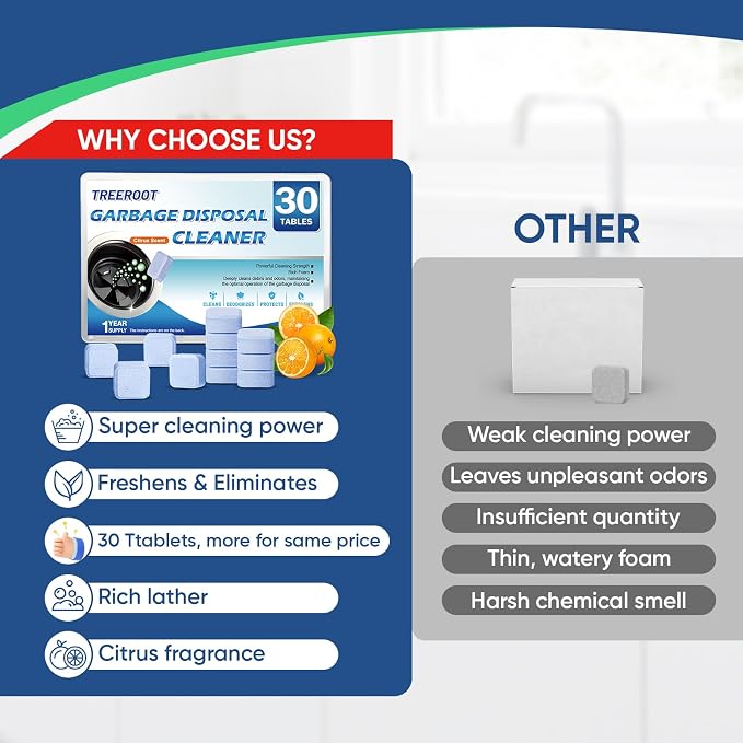 Treeroot 30 Pack Garbage Disposal Cleaner Tablets, Deodorizer, Foaming Sink Cleaner, Fresh Foaming Tablets for Garbage Disposal, Clean Kitchen Sink and Eliminate Odors, 1 Year Supply