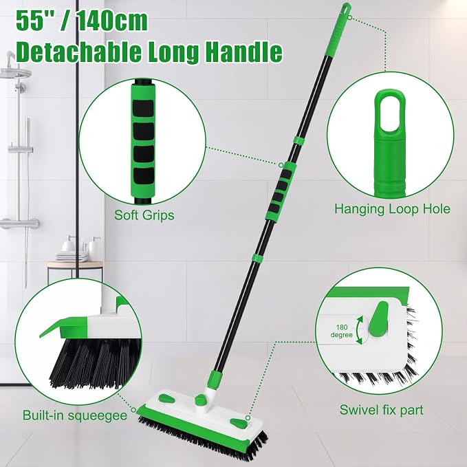 Floor Scrub Brush with Long Handle, 3-in-1 Scrape Scrubber Brush with Squeegee Stiff Bristle Deck Brush for Cleaning Tile Bathroom Patio Deck Garage Grout Kitchen
