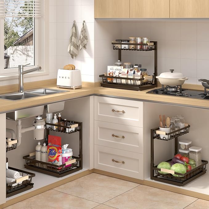 Sevenblue 2-Pack 2-Tier Height Adjustable Under Sink Organizer & Storage | Multi-purpose storage for kitchen & bathroom cabinet. Large brown shelf, height adjustable design for space-saving.