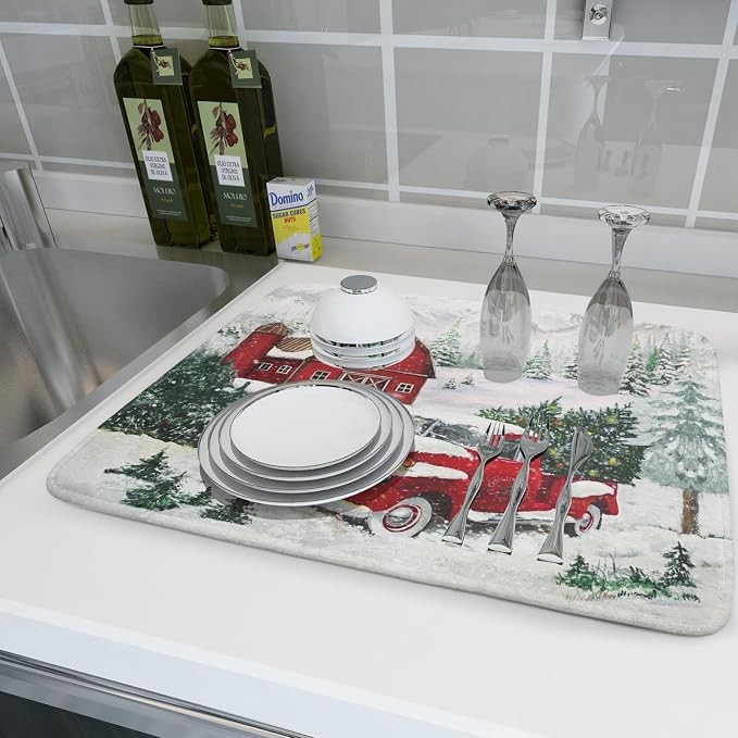 Winter Red Truck Dish Drying Mat Christmas Tree Dishes Pad 18x24 Inch Dish Drainer Rack Mats Absorbent Fast Dry Kitchen Holiday Accessories