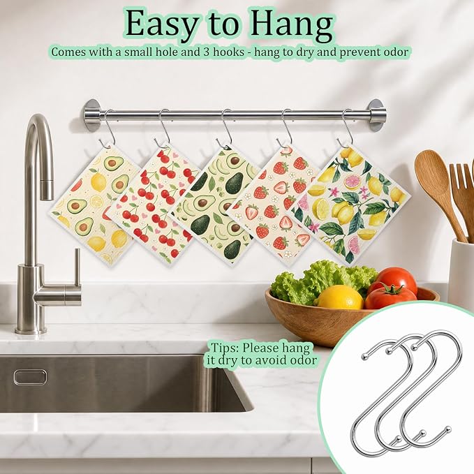 Swedish Dishcloths for Kitchen 5 Pack Fruit Reusable Paper Towels with 3 Hooks Absorbent Washable Dish Cloth Set Cleaning Cloth for Housewarming