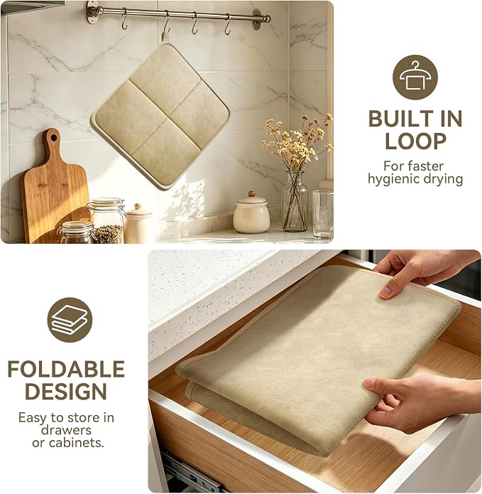 YDKGL 2 Pack PU Leather Dish Drying Mat for Kitchen Counter, Ultra Absorbent & Fast Drying Dish Mat Machine Washable Foldable Drying Pad for Countertops, Sinks, Draining Racks